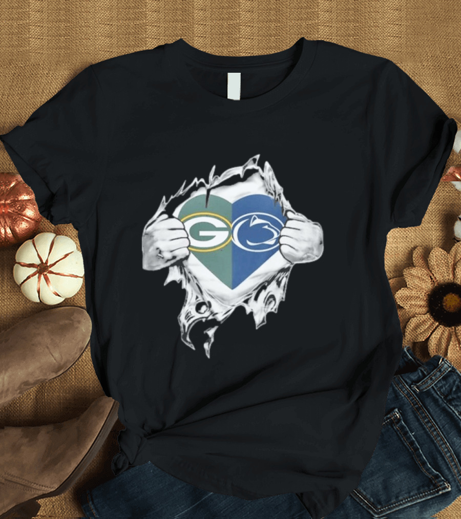 Packers Penn State Heart Icon Featuring Green Bay And Nittany Lions Logos T-Shirt