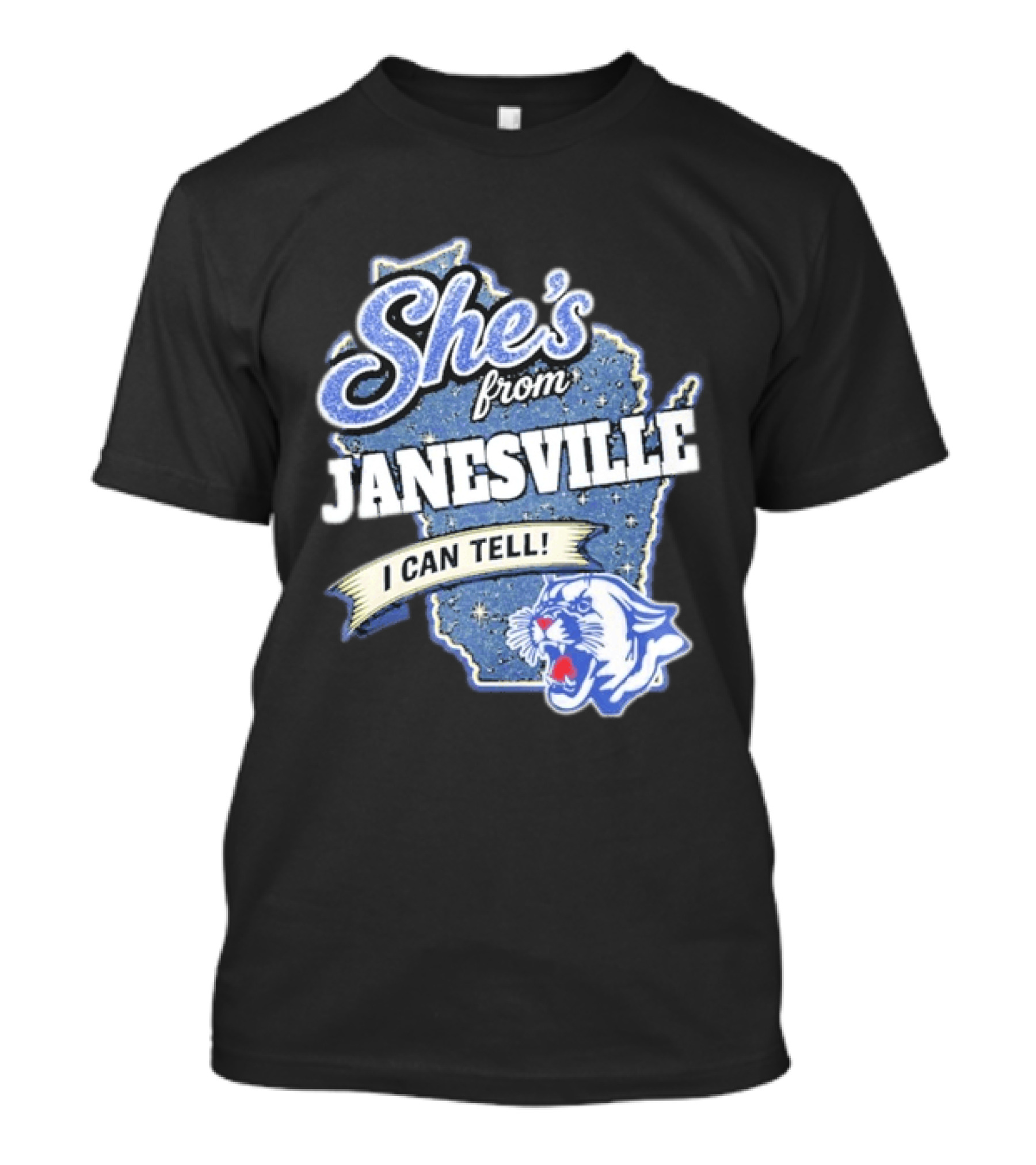 She's From Janesville I Can Tell With Wisconsin Map And Wildcat T-Shirt