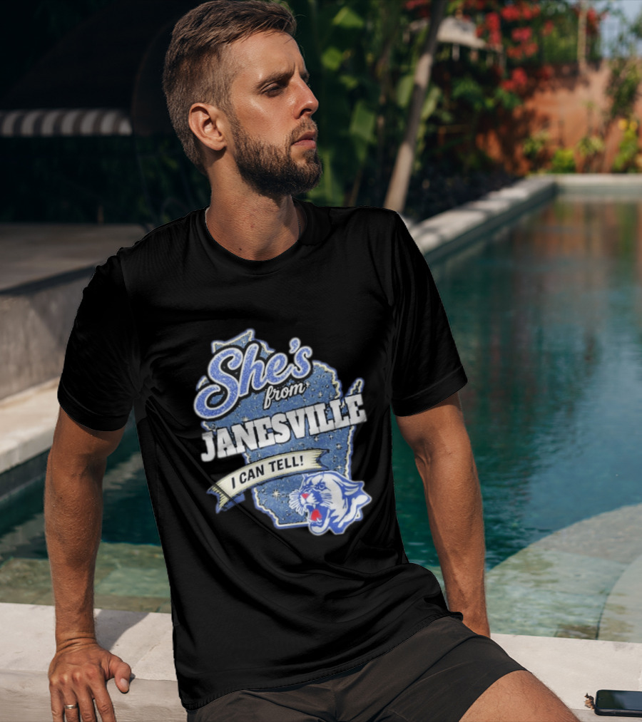 She's From Janesville I Can Tell With Wisconsin Map And Wildcat T-Shirt