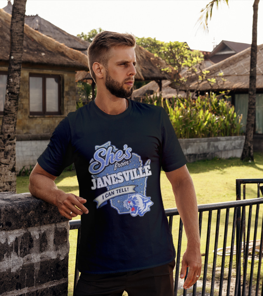 She's From Janesville I Can Tell With Wisconsin Map And Wildcat T-Shirt