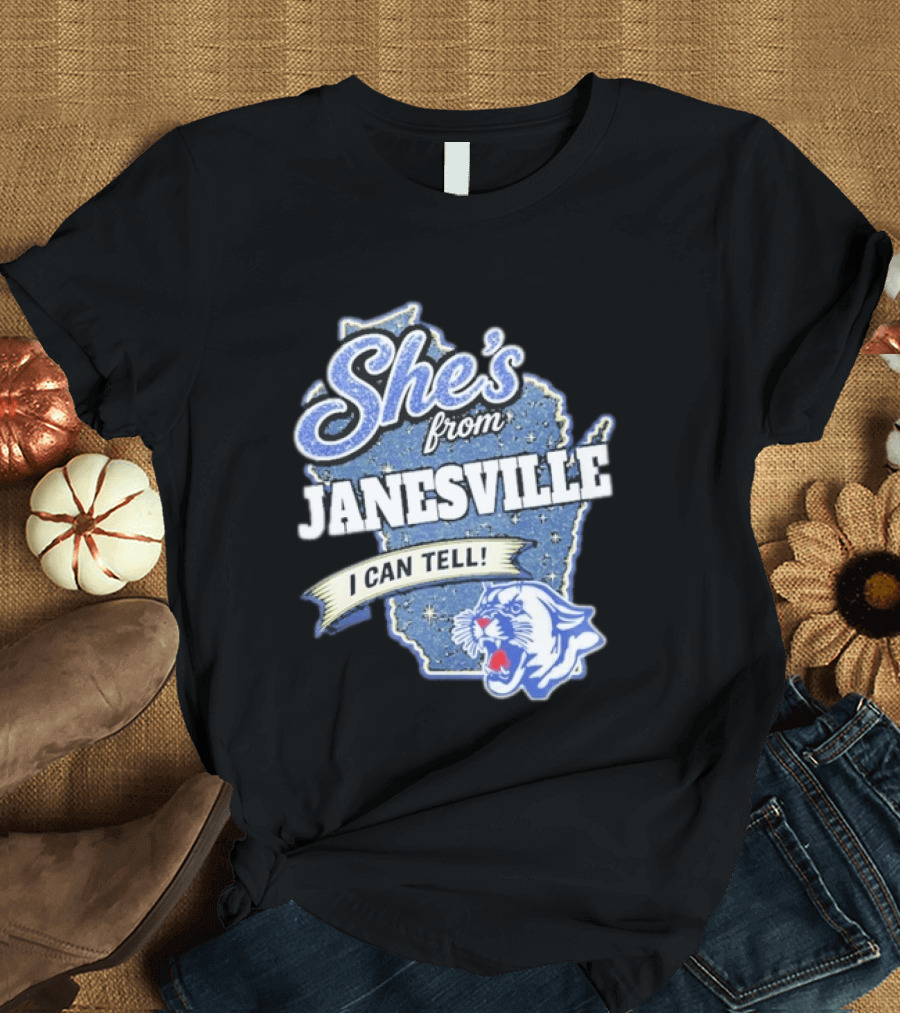 She's From Janesville I Can Tell With Wisconsin Map And Wildcat T-Shirt