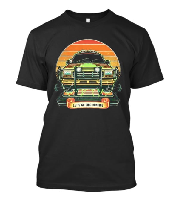 Jurassic Park Let's Go Dino Hunting Adventure Off Road Vehicle Sunset Scene T-Shirt