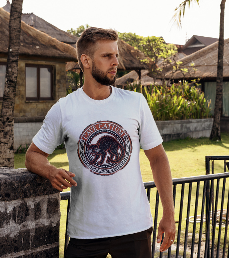 Cave Cattum Angry Cat Mosaic Roman Warning Sign T-Shirt
