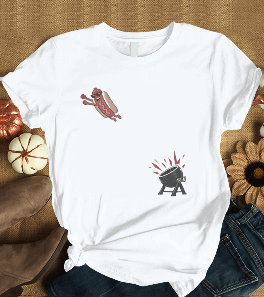 Hot Dog Jumping Into Grill Cartoon T-Shirt