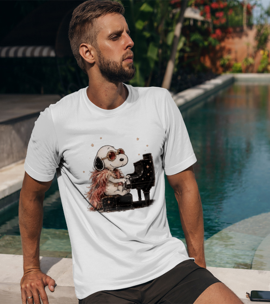 Snoopy Elton John Playing Piano Under Starry Nights T-Shirt