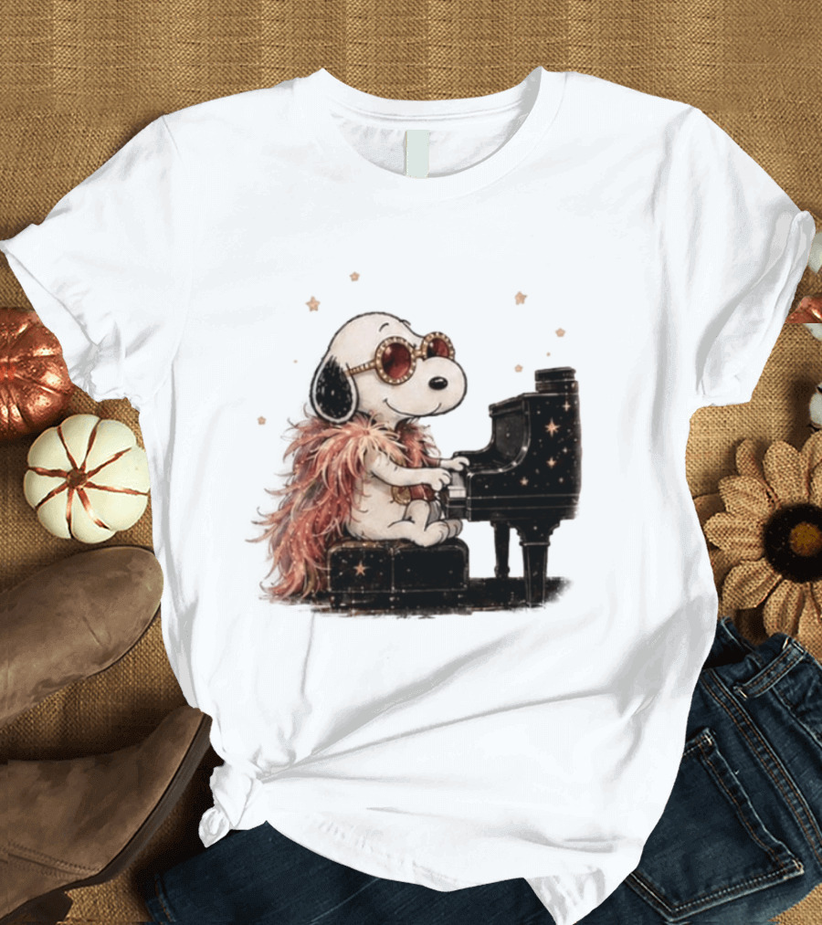 Snoopy Elton John Playing Piano Under Starry Nights T-Shirt