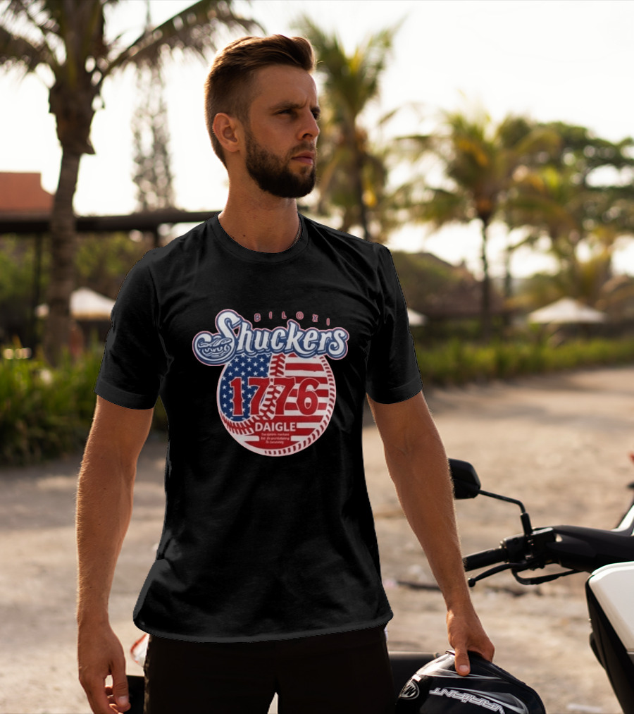 Biloxi Shuckers 1776 American Flag Baseball Daigle Text Stars Stripes T-Shirt