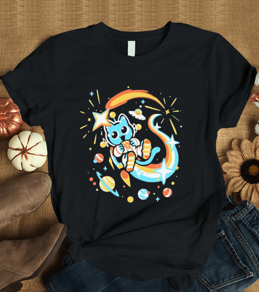 Cosmic Cat Cosmonaut Adventure In Stardust Space With Planets And Shooting Stars T-Shirt