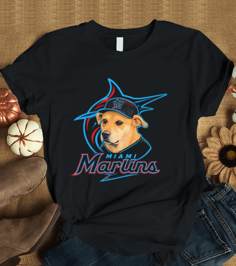 Miami Marlins Dog With Baseball Cap Team T-Shirt