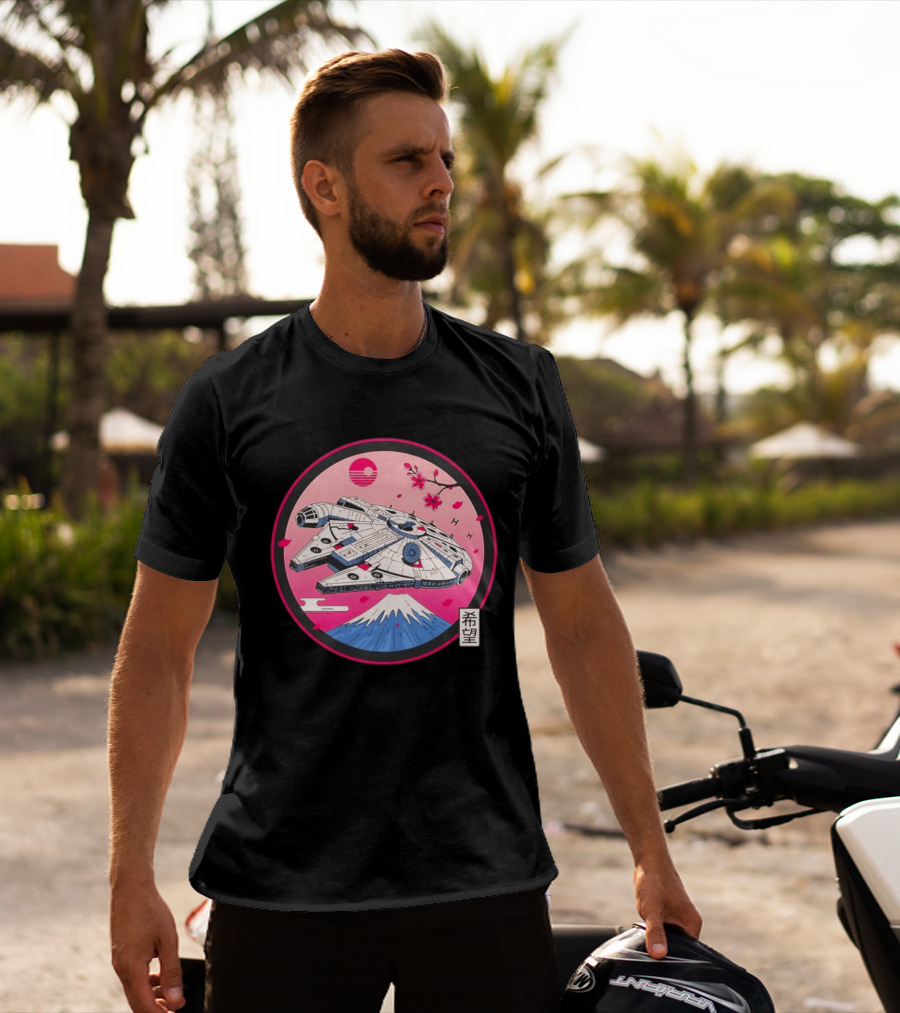 Millennium Falcon Over Fuji Cherry Blossoms Hope Kanji Circle T-Shirt