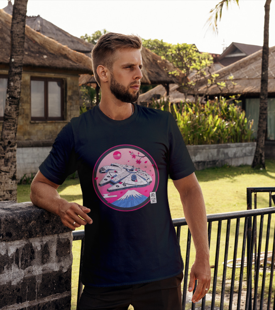 Millennium Falcon Over Fuji Cherry Blossoms Hope Kanji Circle T-Shirt