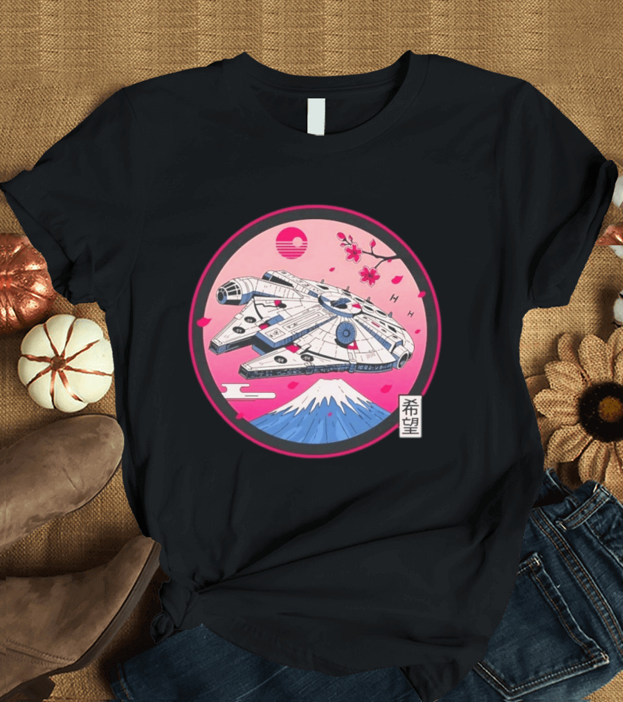 Millennium Falcon Over Fuji Cherry Blossoms Hope Kanji Circle T-Shirt