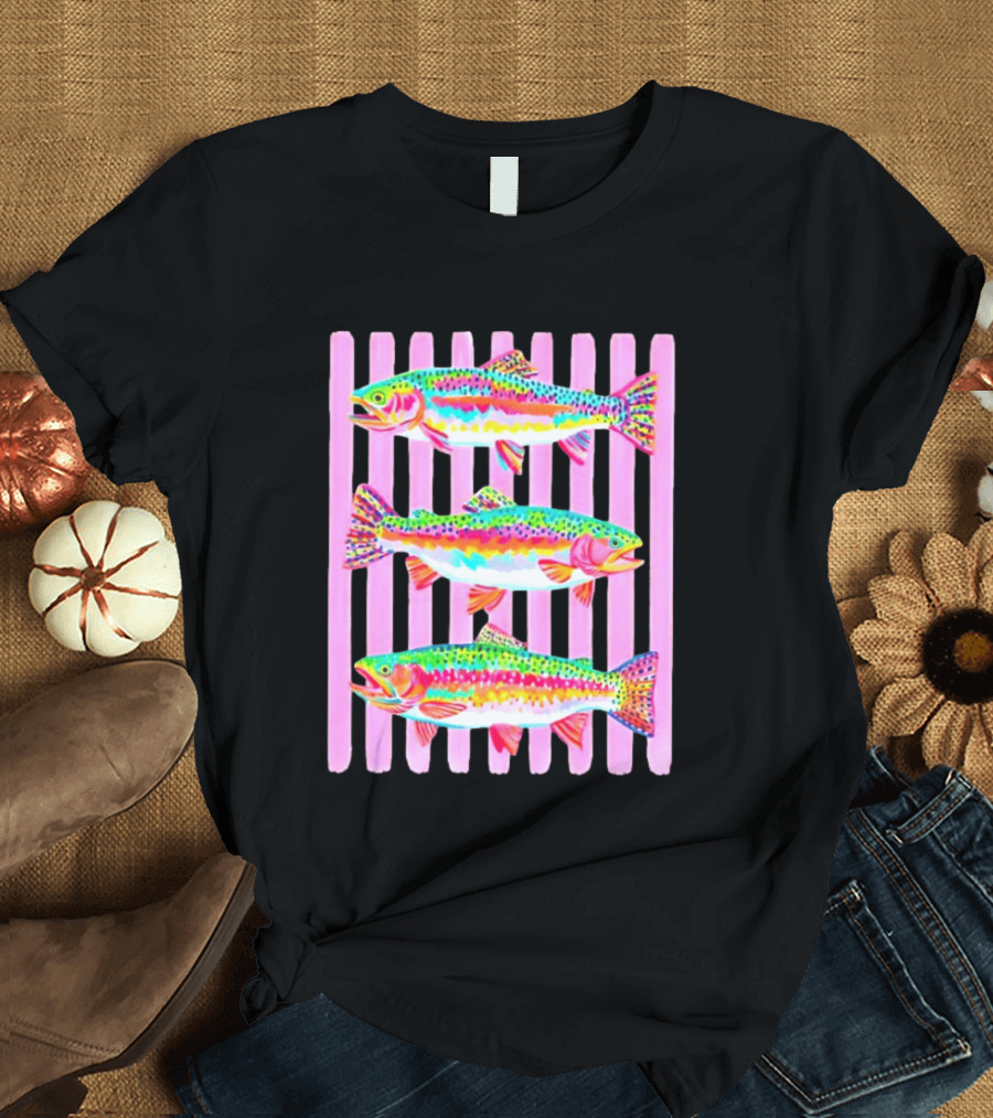 Rainbow Trout Fish Three Swimming Pink Vertical Striped T-Shirt
