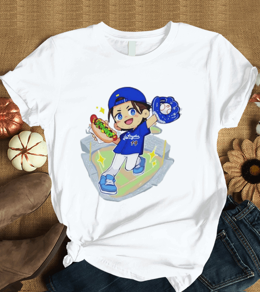 Enrique Hernandez Los Angeles Dodgers 14 Cartoon Style Baseball Glove And Hot Dog T-Shirt