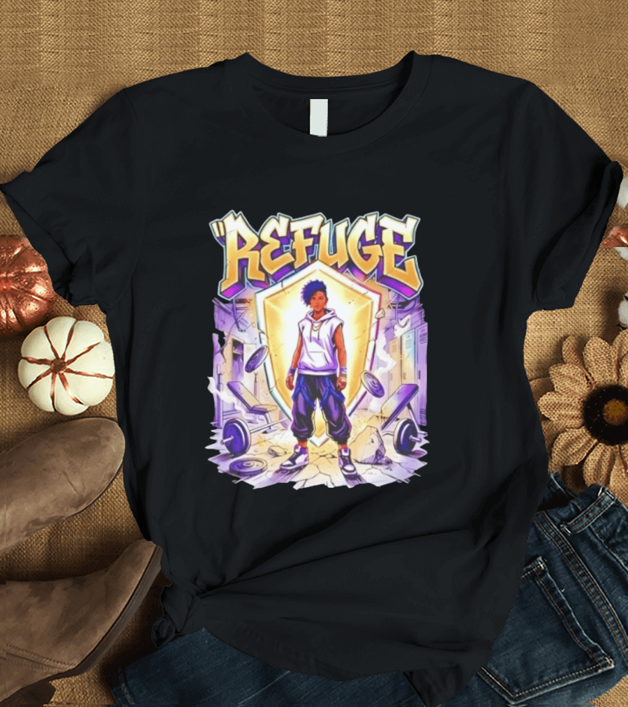 Refuge Strength God Shield Manga Style Weightlifting Motif T-Shirt