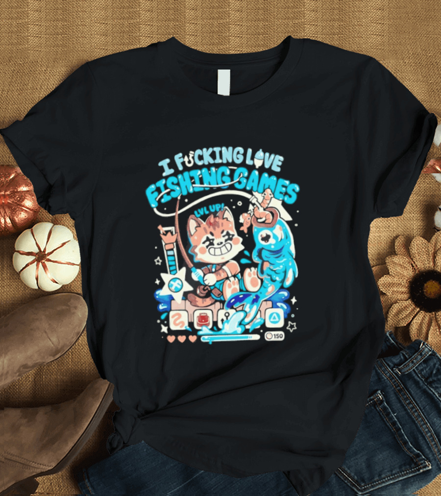I Fucking Love Fishing Games XP Splash Cute Cat With Fish And Hearts T-Shirt