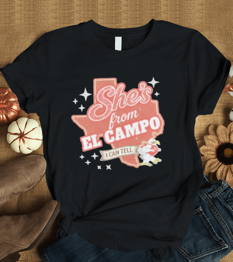 She's From El Campo I Can Tell Texas Outline Football T-Shirt