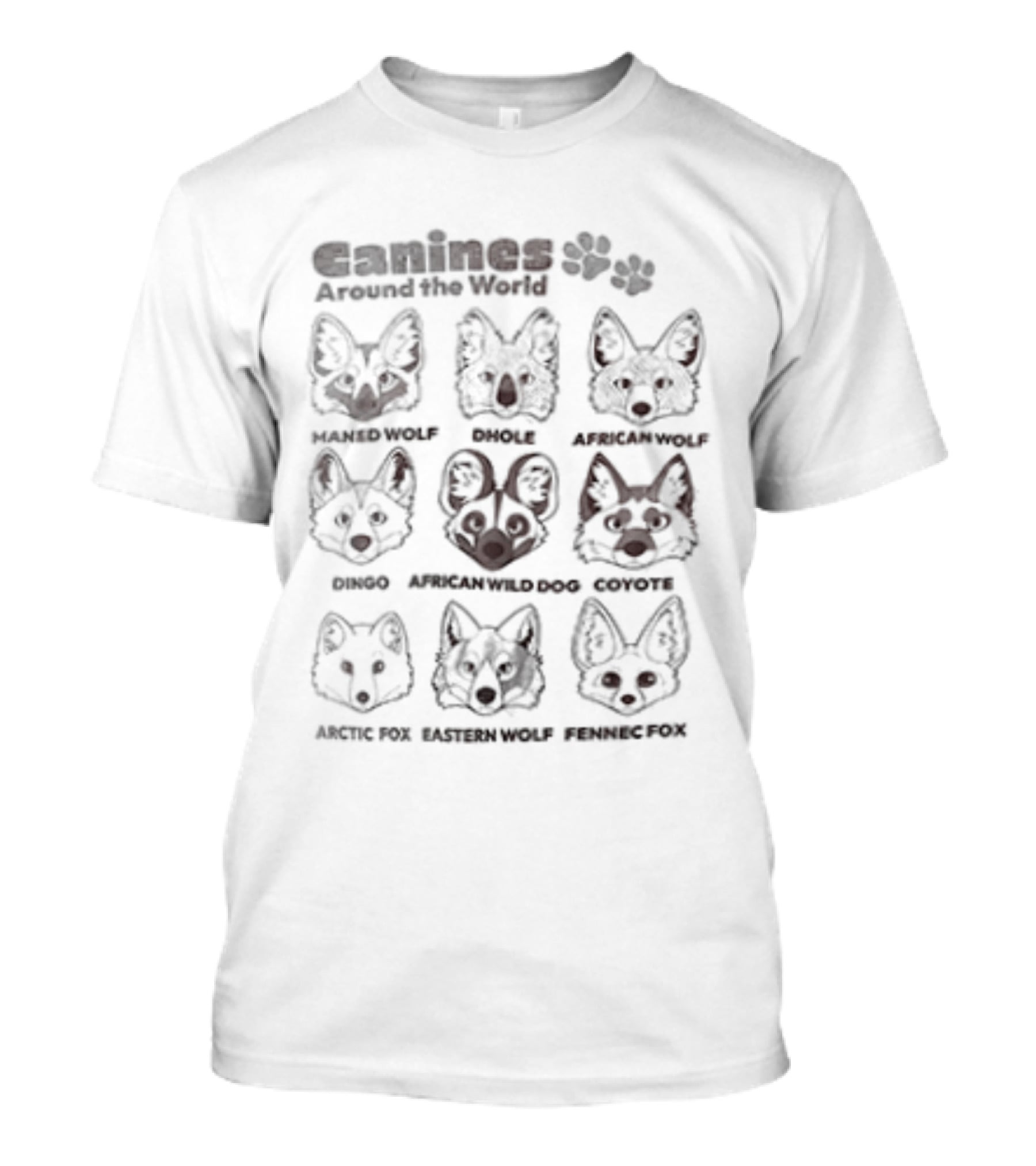Ganines Around The World Maned Wolf Dhole Bush Dog African Wild Dog Coyote Culpeo Raccoon Dog Tibetan Fox Ethiopian Wolf Tanuki T-Shirt