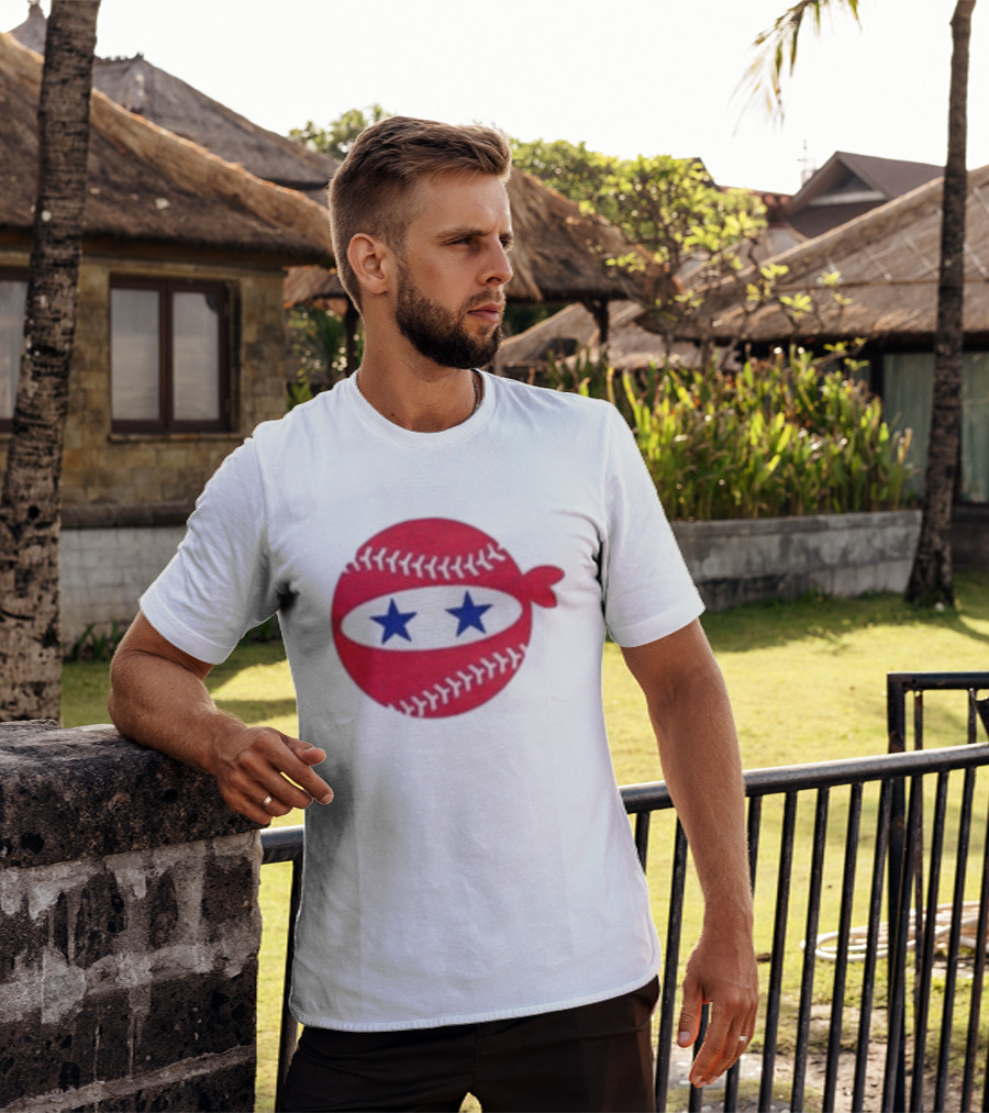 Pitching Ninja Baseball Two Blue Stars Red Baseball Stitches T-Shirt