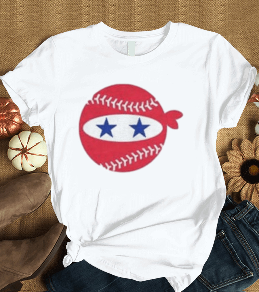 Pitching Ninja Baseball Two Blue Stars Red Baseball Stitches T-Shirt