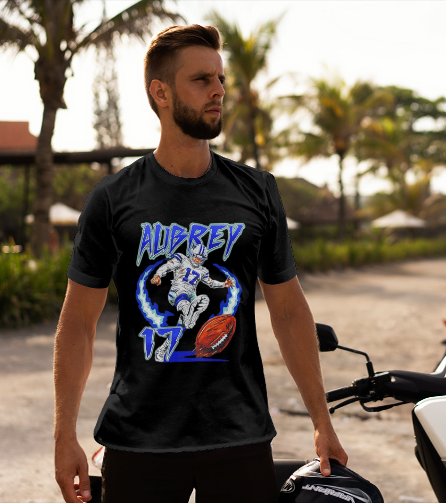 Aubrey 17 Dallas Football Player Kicking With Blue Lightning T-Shirt