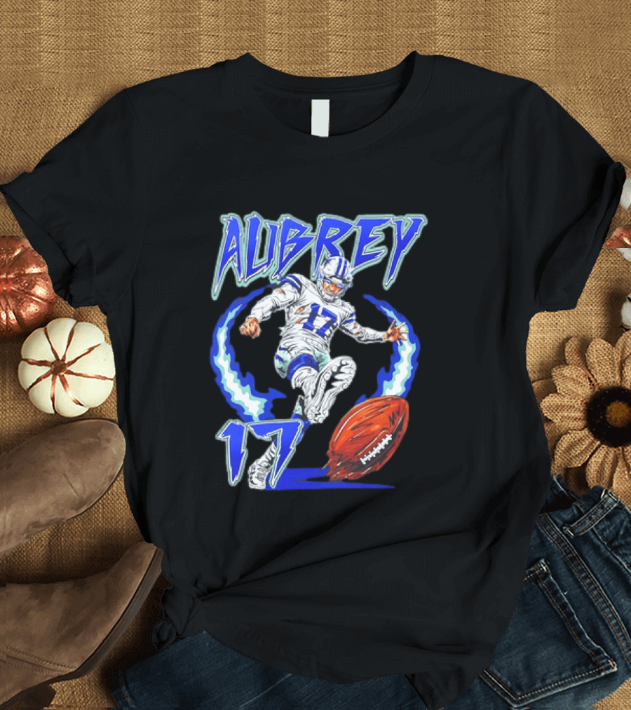 Aubrey 17 Dallas Football Player Kicking With Blue Lightning T-Shirt