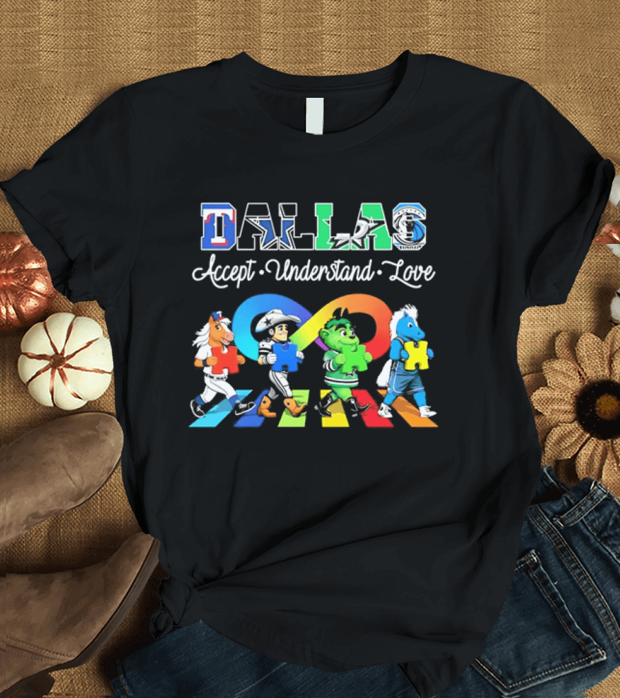 Dallas Accept Understand Love Autism Awareness Mascots Puzzle Pieces T-Shirt