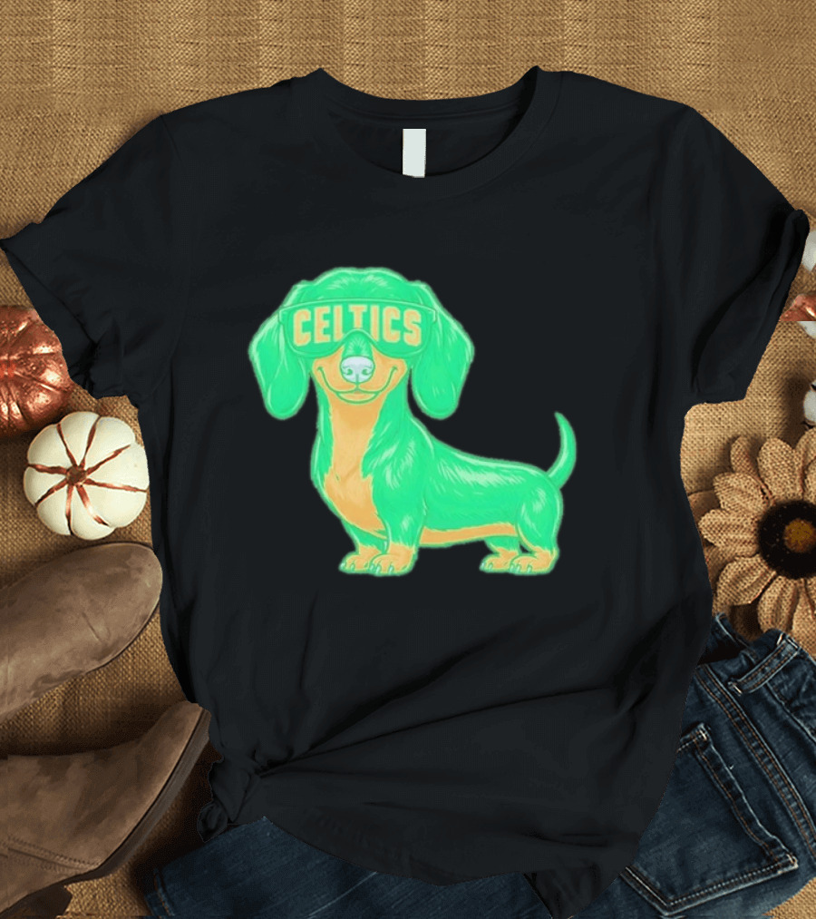Boston Celtics Dachshund Cartoon Glasses T-Shirt