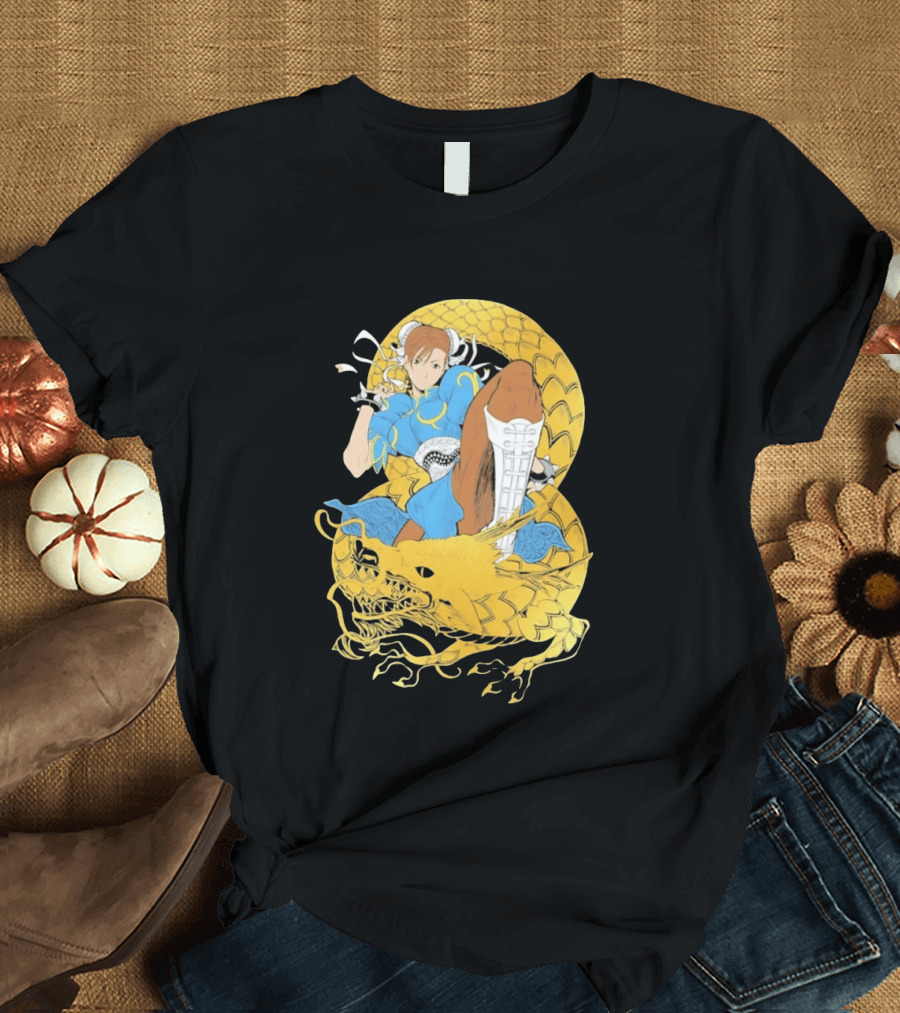 Chun Li Gold Dragon Kick Fighter Blue Outfit Gold Dragon T-Shirt