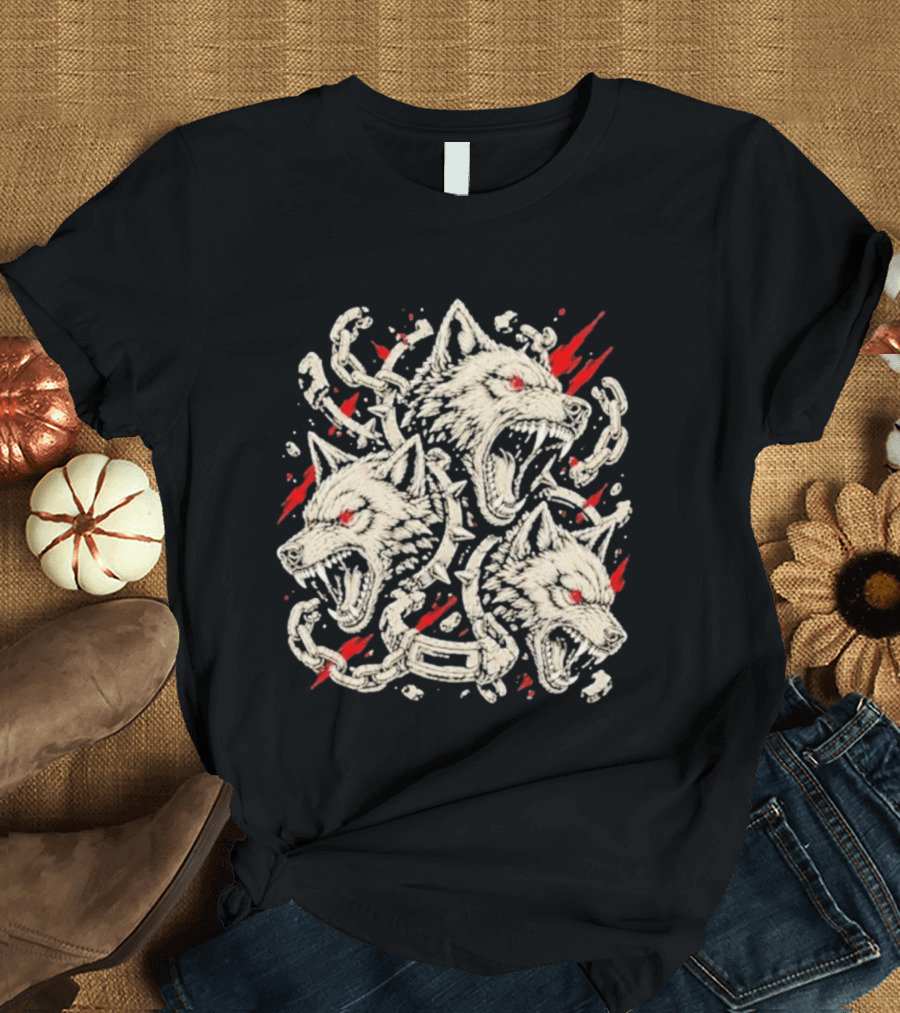 Three Headed Wolf Cerberus Mythical Beast Chains And Red Accents T-Shirt