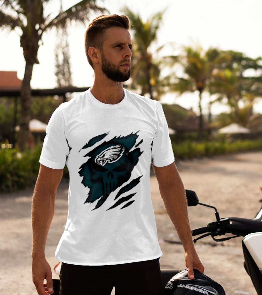 Philadelphia Eagles Punisher Skull Ripped Effect NFL Team Merchandise T-Shirt