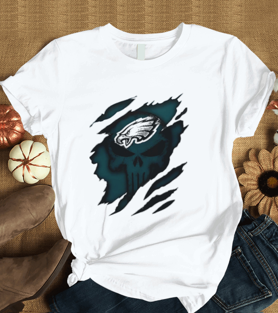 Philadelphia Eagles Punisher Skull Ripped Effect NFL Team Merchandise T-Shirt