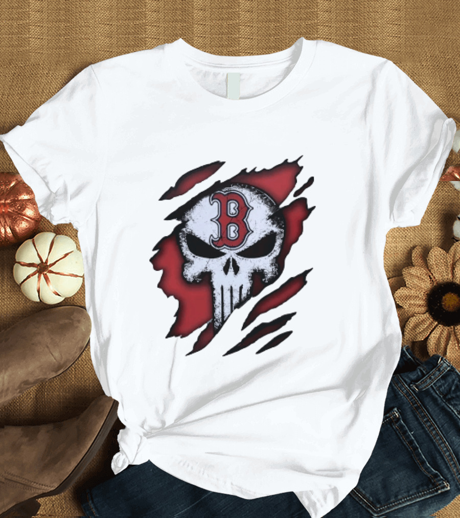 Boston Red Sox Skull Punisher Shredded Effect T-Shirt