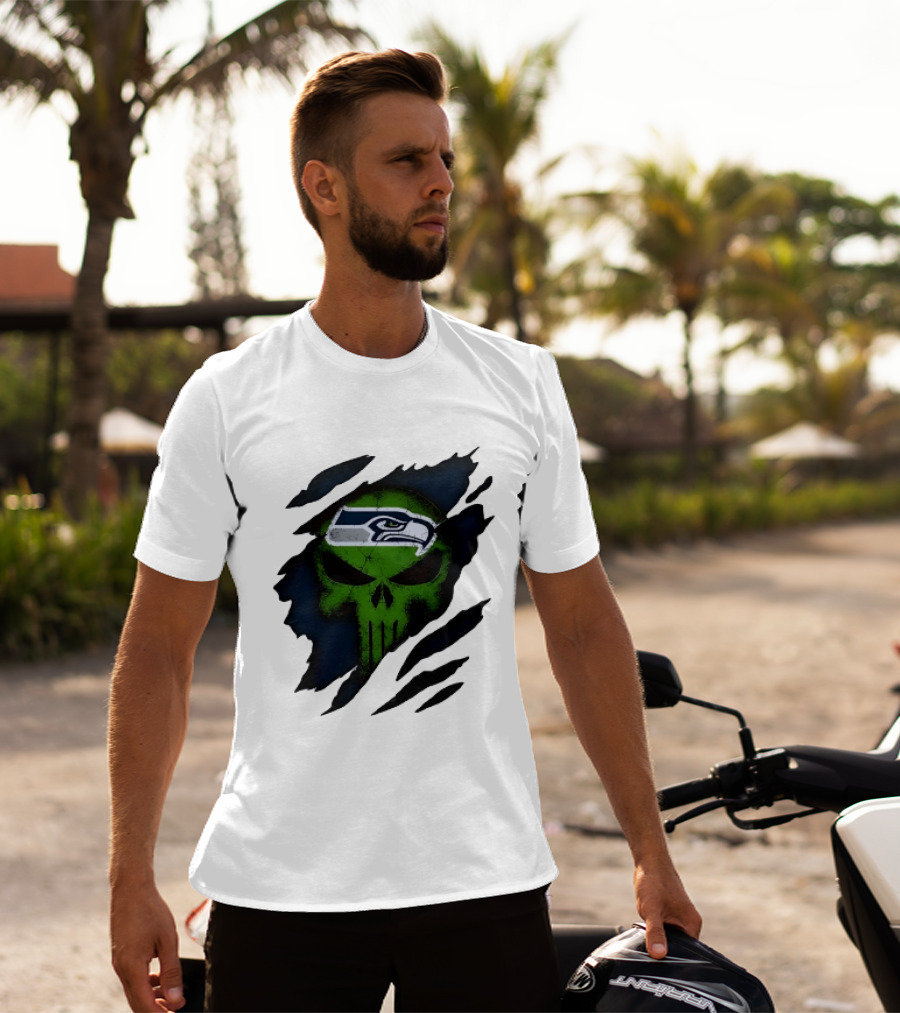 Seattle Seahawks Punisher Skull Ripped Fabric T-Shirt