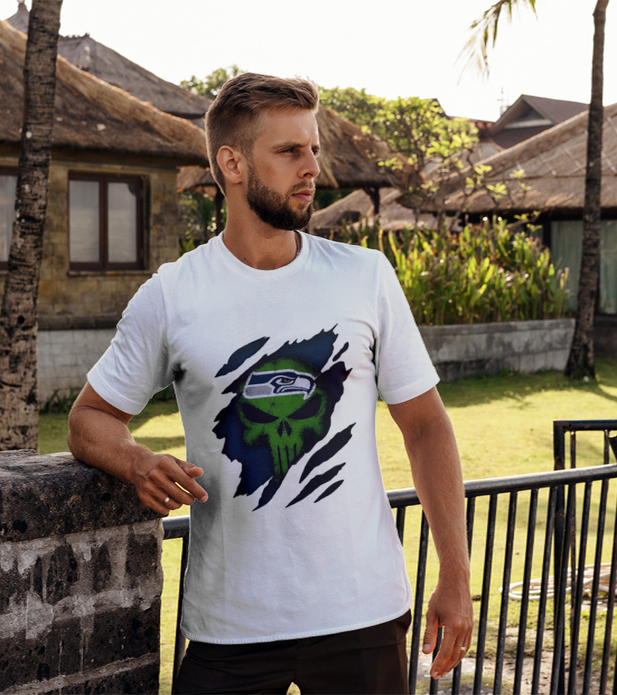 Seattle Seahawks Punisher Skull Ripped Fabric T-Shirt