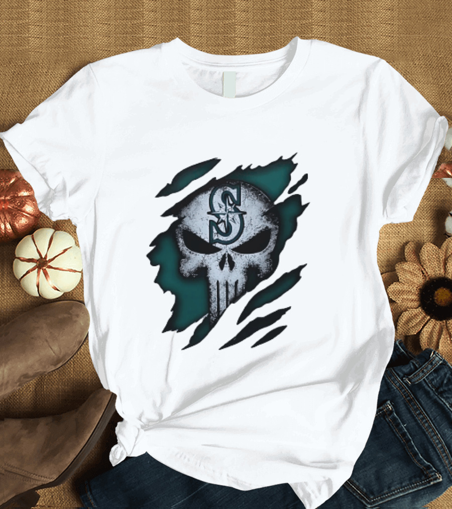 Seattle Mariners Punisher Skull Grunge Tear Effect T-Shirt