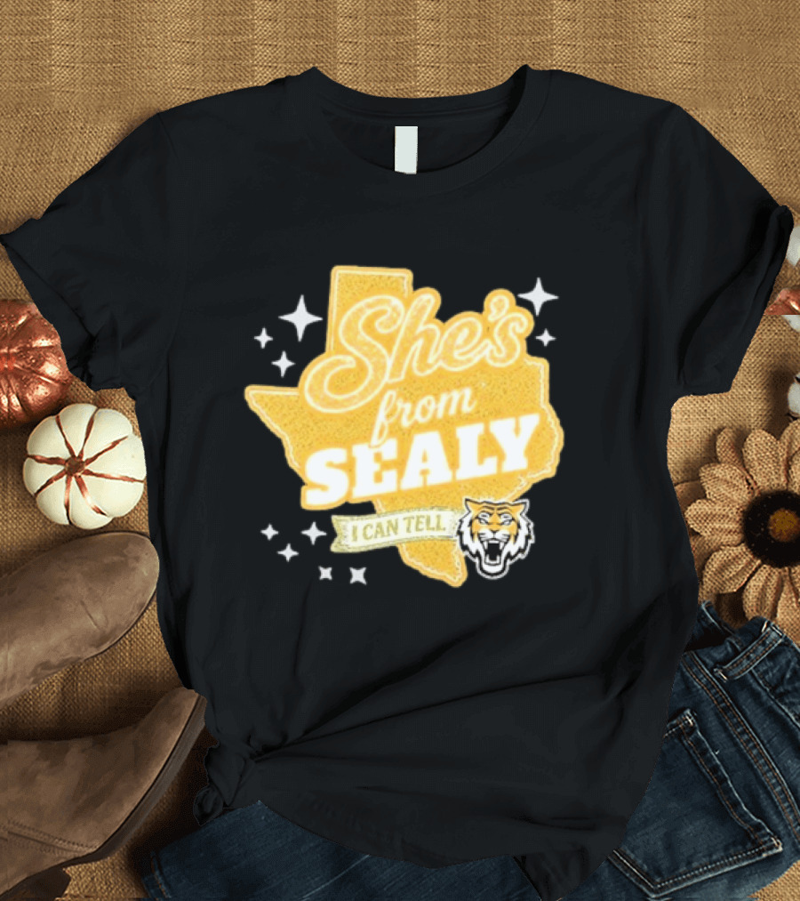 She's From Sealy Texas I Can Tell With Tiger Emblem And Stars T-Shirt