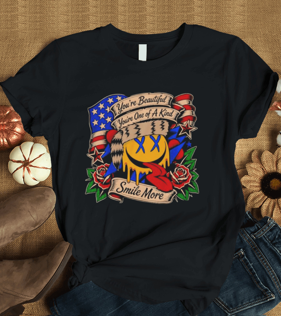 Smile More You're Beautiful You're One Of A Kind American Flag Roses Smiley Face T-Shirt