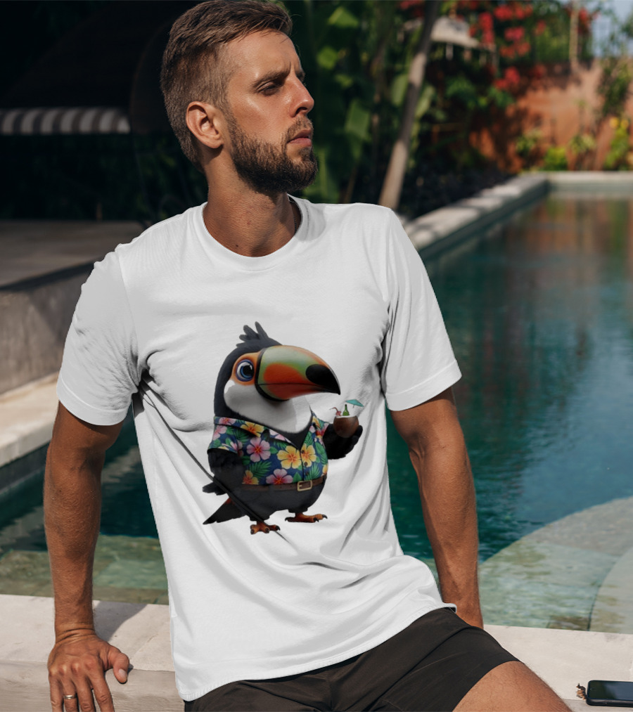 Cartoon Toucan In Hawaiian With Tropical Coconut Drink T-Shirt
