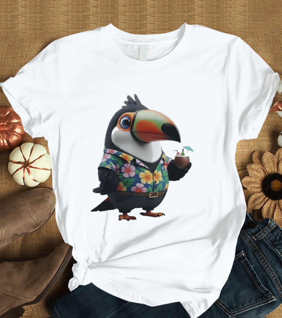 Cartoon Toucan In Hawaiian With Tropical Coconut Drink T-Shirt