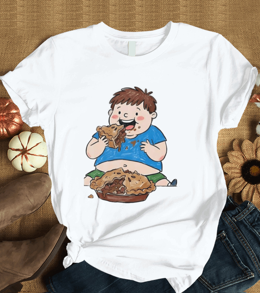 Funny Eating Pies Cartoon Boy Indulging In Delicious Pastry T-Shirt