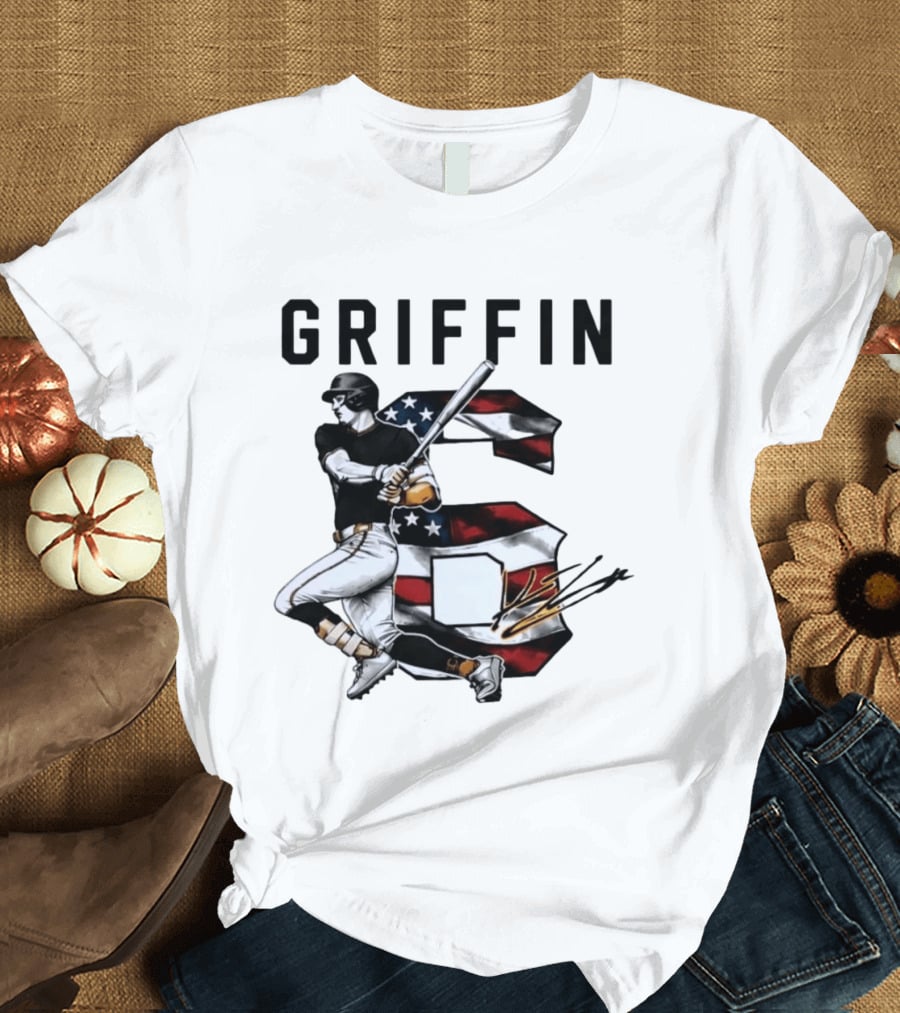 Griffin Baseball Player Swinging Bat American Flag Number 6 T-Shirt