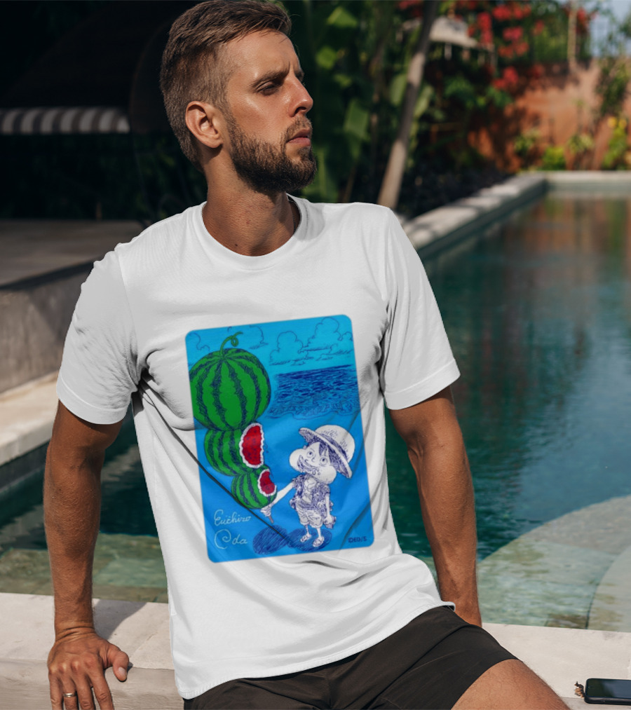 Monkey D Luffy Watermelon Eating Art By Eiichiro Oda One Piece Ocean Scene T-Shirt