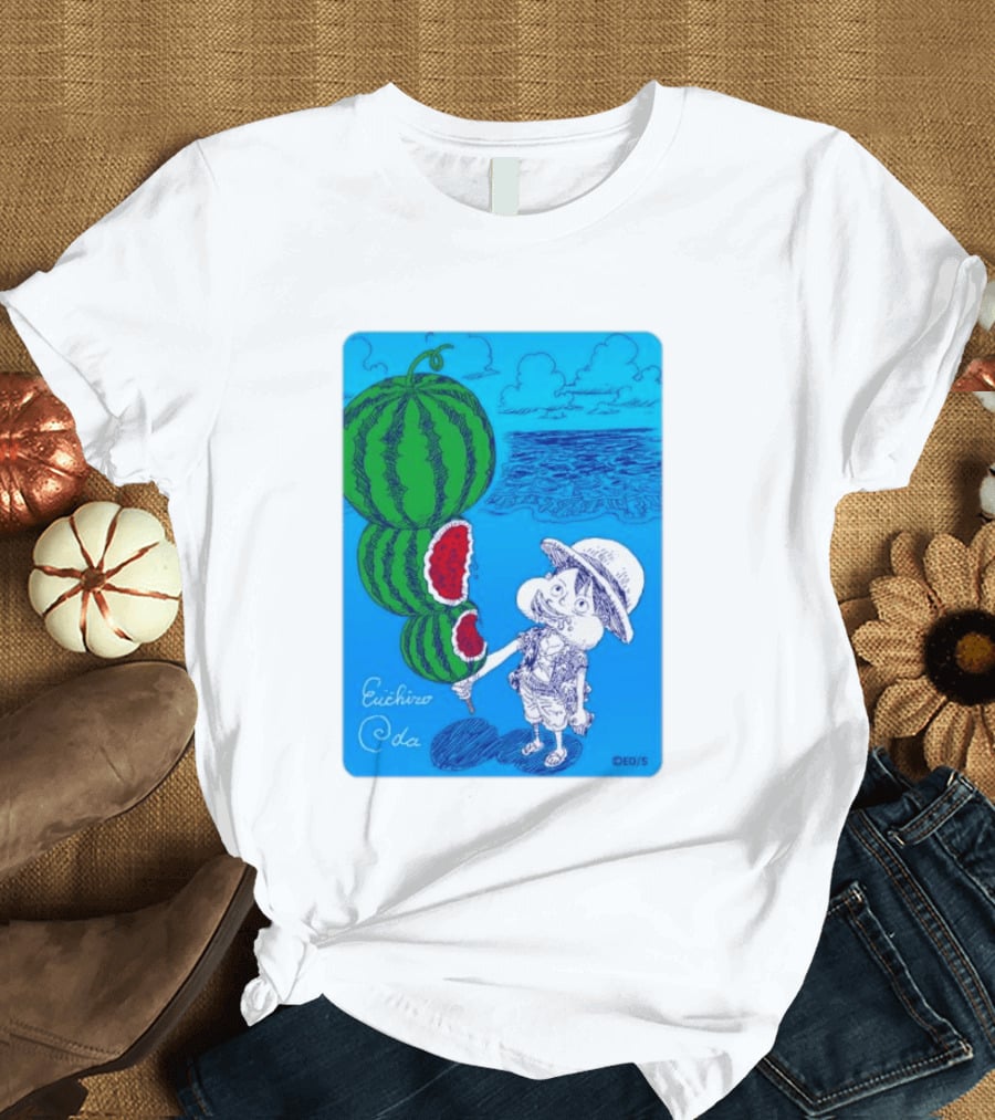Monkey D Luffy Watermelon Eating Art By Eiichiro Oda One Piece Ocean Scene T-Shirt