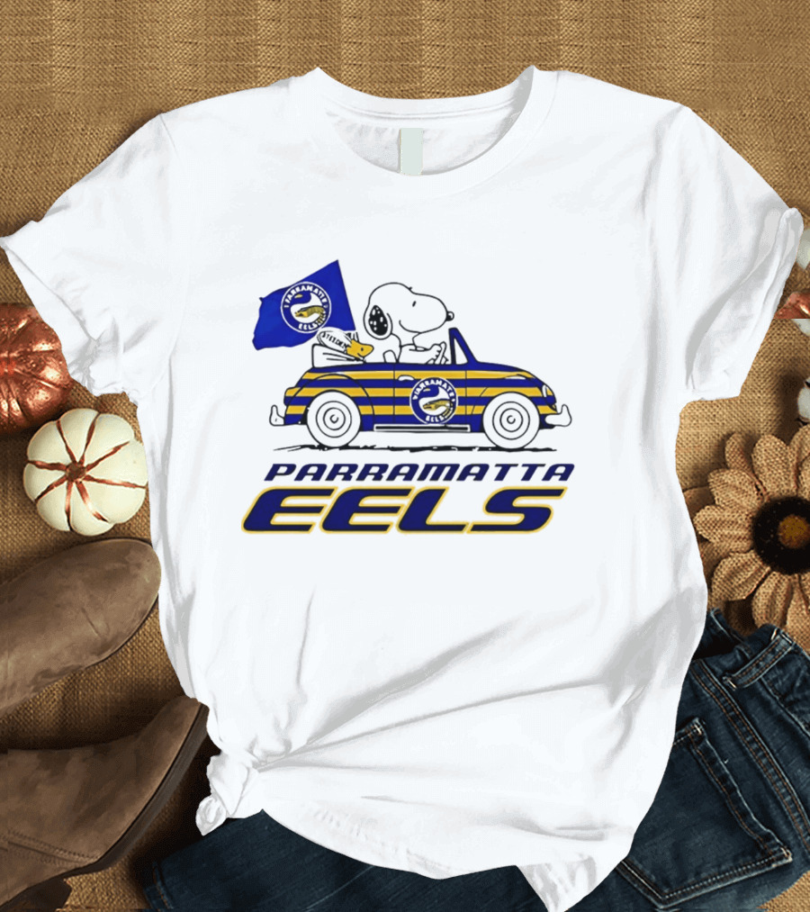 Snoopy Driving Car With Parramatta Eels Flag National Rugby League T-Shirt