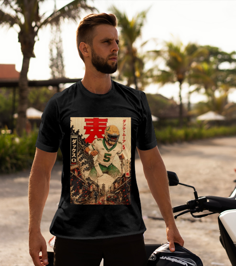 Dante Moore Number 5 Oregon Ducks Football Japanese Art Style Rugged City Scene T-Shirt