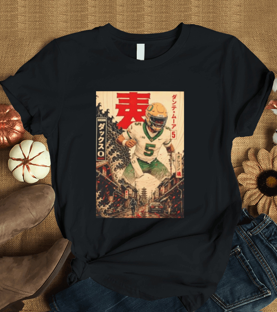 Dante Moore Number 5 Oregon Ducks Football Japanese Art Style Rugged City Scene T-Shirt