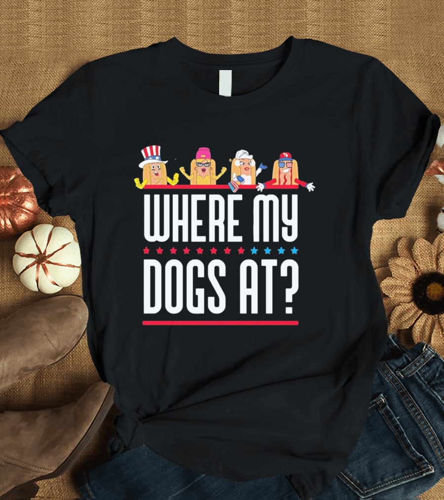 Independence Day Party Friends Where My Dogs At Patriotic Hotdog Characters T-Shirt