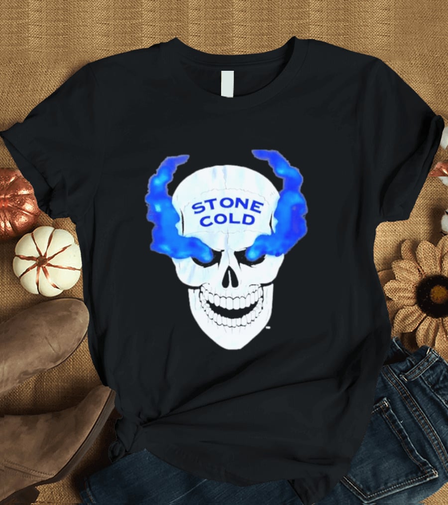 Stone Cold Skull WWE Wrestling Iconic Blue Flames T-Shirt