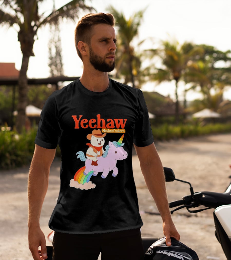 Yeehaw Motherfuckers Cat Cowboy On Rainbow Unicorn T-Shirt